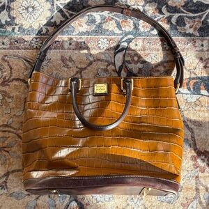 Dooney & Bourke Cognac Croc-Embossed Leather Tote with Dark Brown Trim